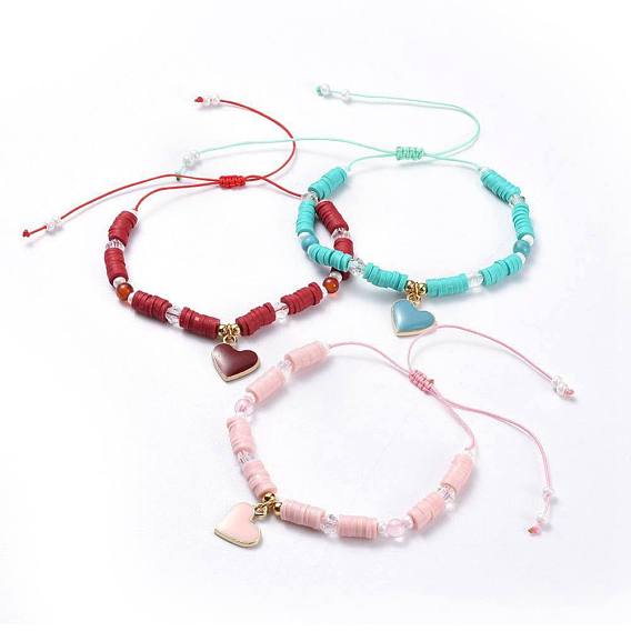 Adjustable Nylon Thread Braided Beads Bracelets, with Gemstone Beads, Faceted Glass Beads, Polymer Clay Heishi Beads and Alloy Enamel Charm, Heart