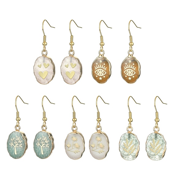 Natural Mixed Gemstone Oval Dangle Earrings, Pendants, Ion Plating(IP) 304 Stainless Steel Drop Earrings