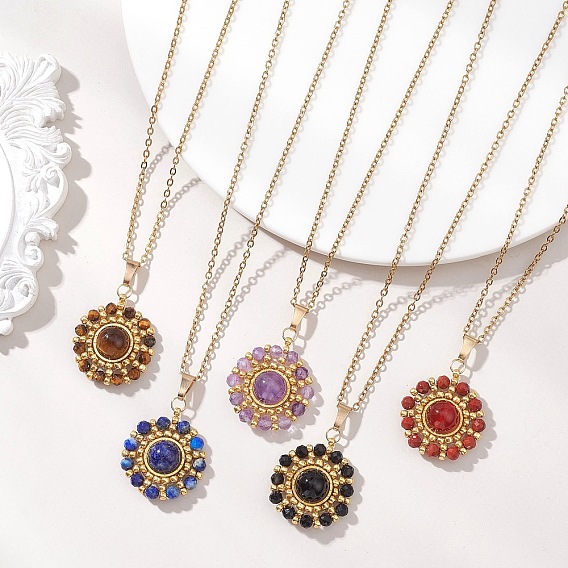 Подвеска в виде солнца из натурального камня, ограненного круглого куска и золотистого стеклянного бисера 304 цепочка из нержавеющей стали для женщин, золотые