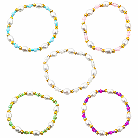 5шт. 5 цвета пластиковые браслеты из жемчужных бусин на эластичной основе для женщин, с гранеными стеклянными шариками