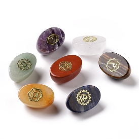 Natural Gemstone Display Decorations, Chakra Healing Stones, for 7 Chakras Balancing, Crystal Therapy, Meditation, Reiki, Oval with 7 Chakra Theme Pattern