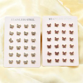 12 пары 304 серьги-гвоздики из нержавеющей стали со стразами, бабочка, золотые