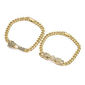 Brass Micro Pave Cubic Zirconia Link & Charm Bracelets, Real 18K Gold Plated, Leopard