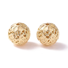 Brass Hollow Beads, Round with Flower