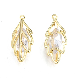Brass Pave Clear Cubic Zirconia Pendants, Nickel Free, Leaf