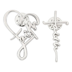 4Pcs 2 Styles Faith Theme Zinc Alloy Brooch, for Clothes, Platinum, Heart/Word