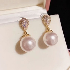 Alloy Rhinestone Teardrop Stud Earrings, Plastic Pearl Round Dangle Earrings, with Brass Pins