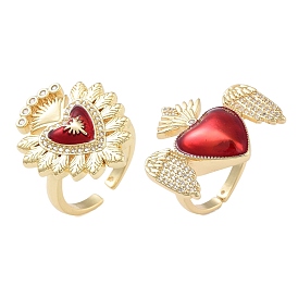 Стойки с покрытием в виде сердца, латунные микро-паве с кубическим цирконием, открытые манжеты, кольца для женщин, с эмалью, без кадмия и без свинца, долговечный