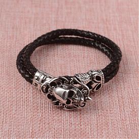 Braided Leather Cord Bracelets, Multi-strand Bracelets, with 316 Stainless Steel Skull Clasps, Antique Silver