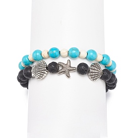2Pcs 2 Style Natural Lava Rock & Synthetic Turquoise Round Beaded Stretch Bracelets Set, Alloy Shell & Starfish Bracelets for Women