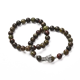 2Pcs 2 Style Natural Dragon Blood Jasper Stretch Bracelets Sets with Alloy Dragon Head, Gemstone Jewelry for Men Women