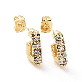 Colorful Cubic Zirconia Rectangle Stud Earrings, Brass Half Hoop Earrings for Women