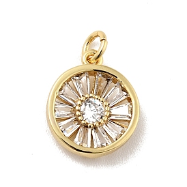 Rack Plating Brass Micro Pave Clear Cubic Zirconia Charms, Long-Lasting Plated, Lead Free & Cadmium Free, Flat Round