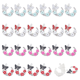 Nbeads 24Pcs 4 Colors Alloy Rhinestone Pendants, with Enamel, Platinum, Butterfly with Flower