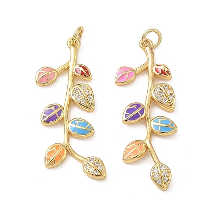 Brass Micro Pave Clear Cubic Zirconia Pendants, with Enamel, Branch with Leaf Charms, Golden