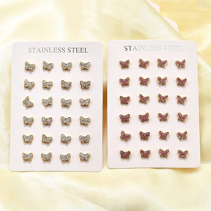 12 пары 304 серьги-гвоздики из нержавеющей стали со стразами, бабочка, золотые