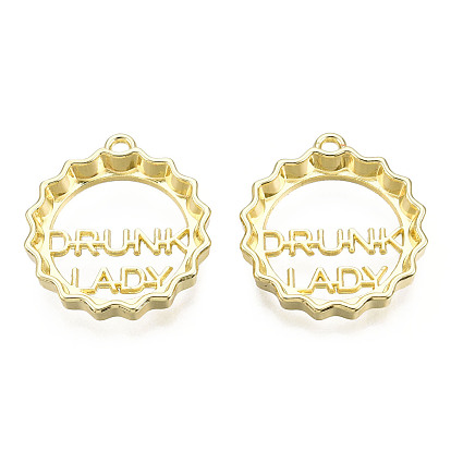 Rack Plating Alloy Pendants, Cadmium Free & Lead Free, Bottle Cap with Word Drunk Lady