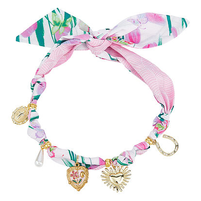 Flower Pattern Polyester Scarf Necklaces for Women, Brass Micro Pave Cubic Zirconia & ABS Plastic Pearl & 304 Stainless Steel Enamel Pendant Necklaces, Heart/Oval/Teardrop