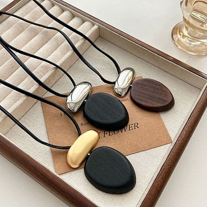 Овальный кулон из дерева и сплава, регулируемый черный вощеный шнурок, ожерелье для женщин
