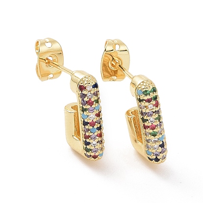 Colorful Cubic Zirconia Rectangle Stud Earrings, Brass Half Hoop Earrings for Women
