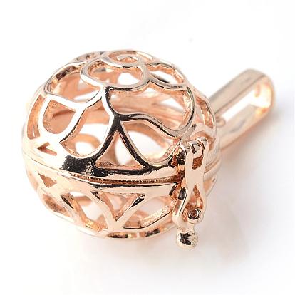 Rack Plating Brass Cage Pendants, For Chime Ball Pendant Necklaces Making, Hollow Round with Flower