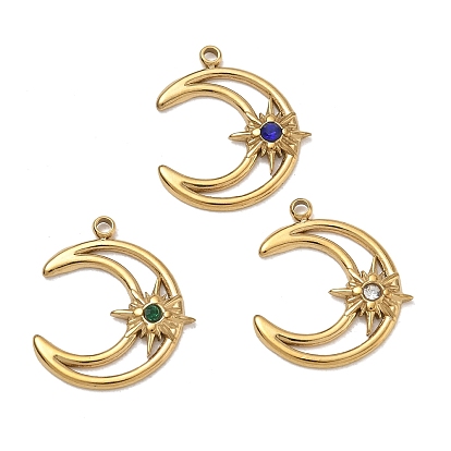 304 Stainless Steel Rhinestone Pendants, Moon with Star Charms, Ion Plating(IP)