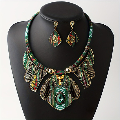 Комплекты из ожерелий и серег-гвоздиков из сплава со стразами и полиэстеровым шнуром в этническом стиле