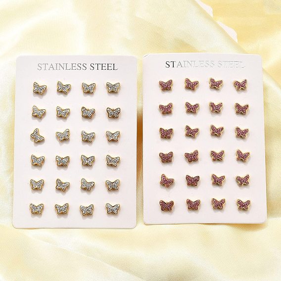 12 пары 304 серьги-гвоздики из нержавеющей стали со стразами, бабочка, золотые