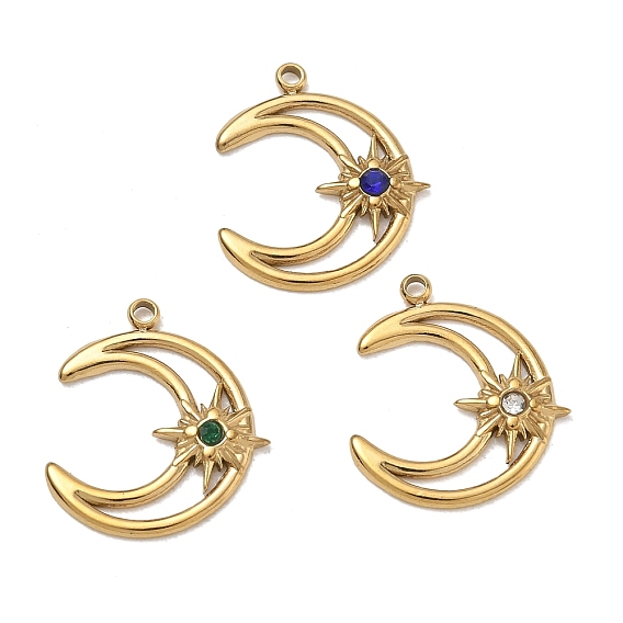 304 Stainless Steel Rhinestone Pendants, Moon with Star Charms, Ion Plating(IP)