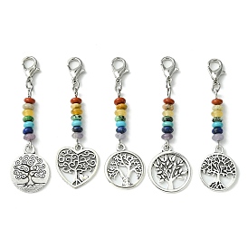 Alloy Heart/Flat Round with Tree of Life Pendant Decorations, with Chakra Gemstone Bead and Zinc Alloy Lobster Claw Clasps