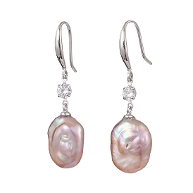 Natural Pearl Dangle Earrings, with Sterling Silver Micro Pave Clear Cubic Zirconia Findings, Oval