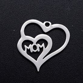 201 Stainless Steel Charms, Heart with Word Mom, for Mother's Day