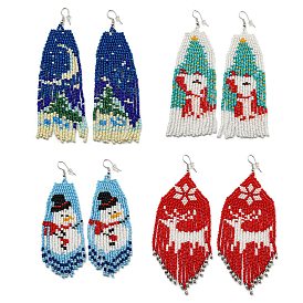 Boho Seed Bead Christmas Tassel Earrings, Iron Dangle Earring for Women