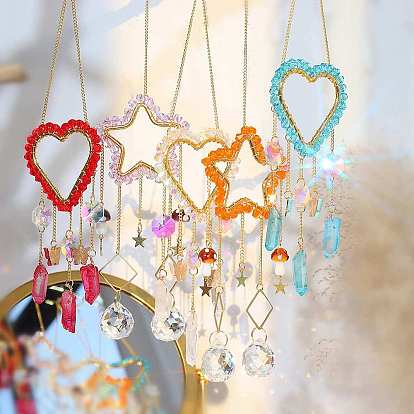 Star/Moon/Heart Quartz Crystal Dyed Hanging Suncatcher Pendant Decoration, Crystal Ceiling Chandelier Ball Prism Pendants, with Brass & Iron Findings