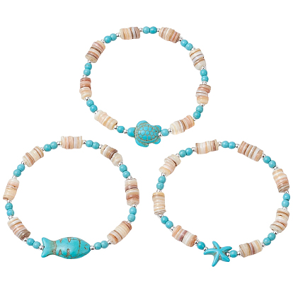 3шт. браслеты из натуральных пресноводных ракушек с бусинами, составные браслеты для женщин, черепаха, морская звезда и рыба, с крошкой синтетической бирюзы
