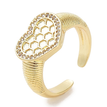 Rack Plating Brass Pave Clear Cubic Zirconia Open Cuff Rings, Cadmium Free & Lead Free, Long-Lasting Plated, Heart with Hexagon