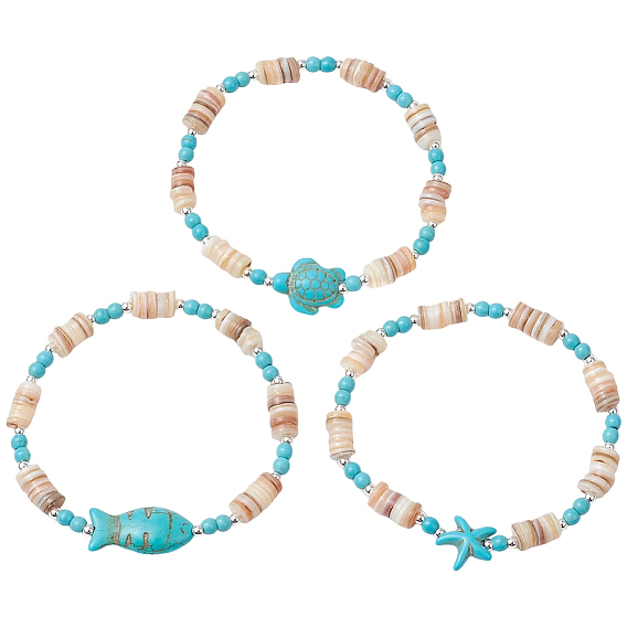 3шт. браслеты из натуральных пресноводных ракушек с бусинами, составные браслеты для женщин, черепаха, морская звезда и рыба, с крошкой синтетической бирюзы