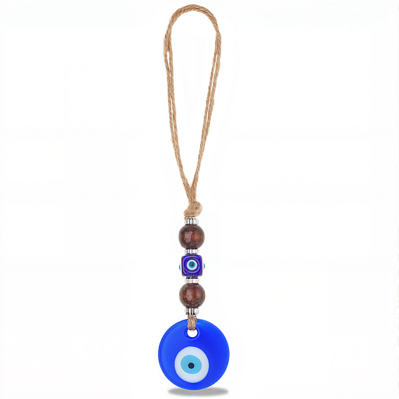 1 Кулон из синего стекла в виде сглаза, с деревянными бусинами и пеньковой веревкой