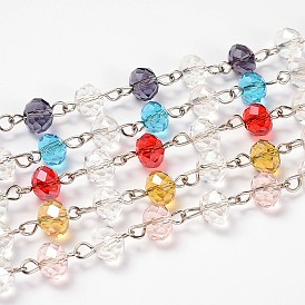 Perles de verre rondelles chaînes pour colliers fabrication de bracelets, avec épingle à oeil en fer platine, non soudée, 39.3 pouce