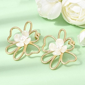 304 Stainless Steel Stud Earrings, Flower, Plastic Pearl and Resin Stud Earrings for Women, Ion Plating(IP)