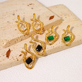 Cubic Zirconia Rectangle Stud Earrings, Golden Stainless Steel Twist Earrings for Women