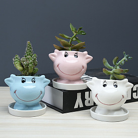 Creative Animal Cow Succulent Flower Pot Desktop Cartoon White Ceramic Flower Pot With Tray