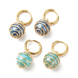 Round Natural Agate Beads Dangle Huggie Hoop Earrings, Spiral Wire Wrap Stone Beads Drop Earrings for Women, Golden