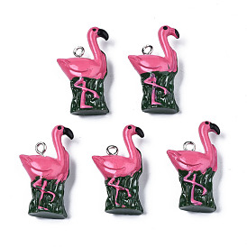 Pendentifs en résine opaque, avec boucle en fer couleur platine, forme de flamant rose