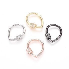 Brass Micro Pave Clear Cubic Zirconia Screw Carabiner Lock Charms, for Necklaces Making, Teardrop