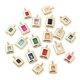 Rack Plating Brass Pendants, Rectangle Shaped Glass Charms, Long-Lasting Plated, Cadmium Free & Lead Free, Real 18K Gold Plated