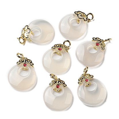 Natural White Agate Donut Pendant Decorations, Crown Brass Ornaments with Spring Ring Clasps