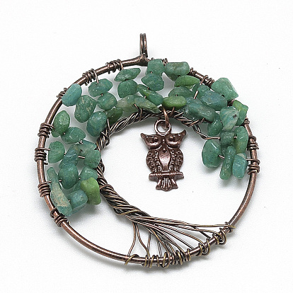 Чип драгоценные камни большие подвески, с латунными проволоками и сплавом, дерево, Красная медь