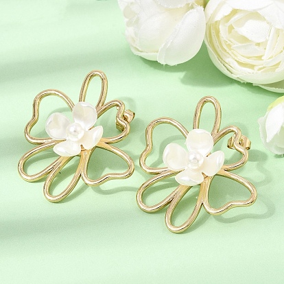 304 Stainless Steel Stud Earrings, Flower, Plastic Pearl and Resin Stud Earrings for Women, Ion Plating(IP)