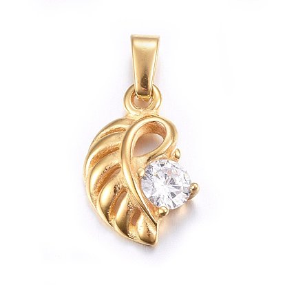 304 Stainless Steel Pendants, with Cubic Zirconia, Leaf, Clear